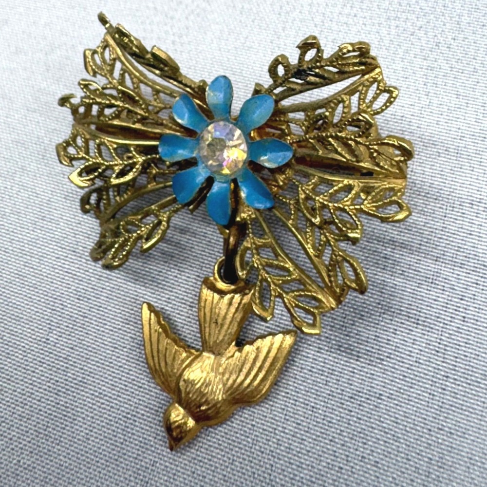 Unbranded Brooch Women OS Gold Blue Good Dove Holy Spirit Filigree Enamel Bow